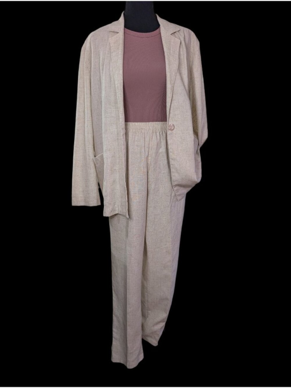 Vtg 90s Linen Blend Blazer Pants Set L Tan Neutral Casual Suit Relaxed Leg